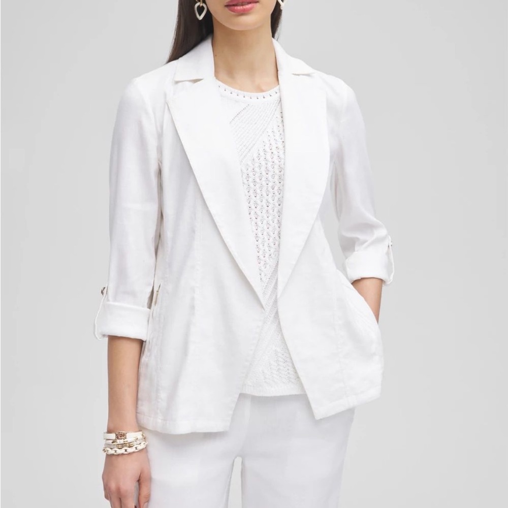 Chico’s 1 White linen blend Stretch open Front Blazer w zipper pockets US 8/10